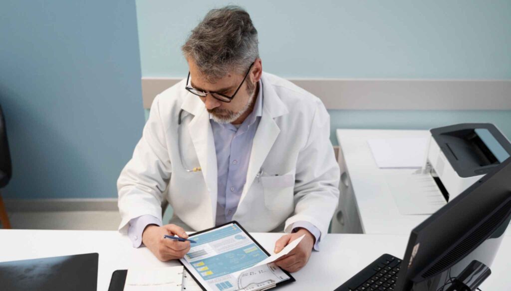 A doctor is using document control software in healthcare