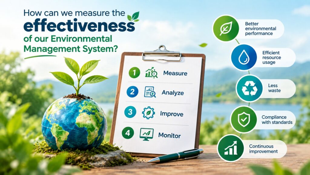 Infographic displaying a 4-step process (Measure, Analyze, Improve, Monitor) and key benefits for measuring Environmental Management System effectiveness.