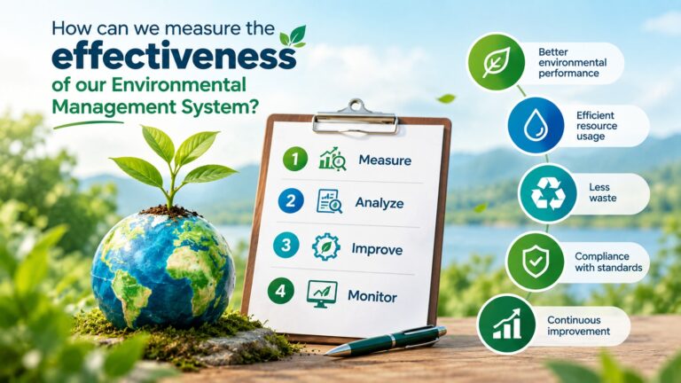 Infographic displaying a 4-step process (Measure, Analyze, Improve, Monitor) and key benefits for measuring Environmental Management System effectiveness.