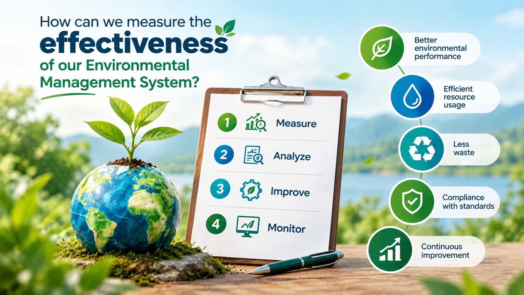 Infographic displaying a 4-step process (Measure, Analyze, Improve, Monitor) and key benefits for measuring Environmental Management System effectiveness.