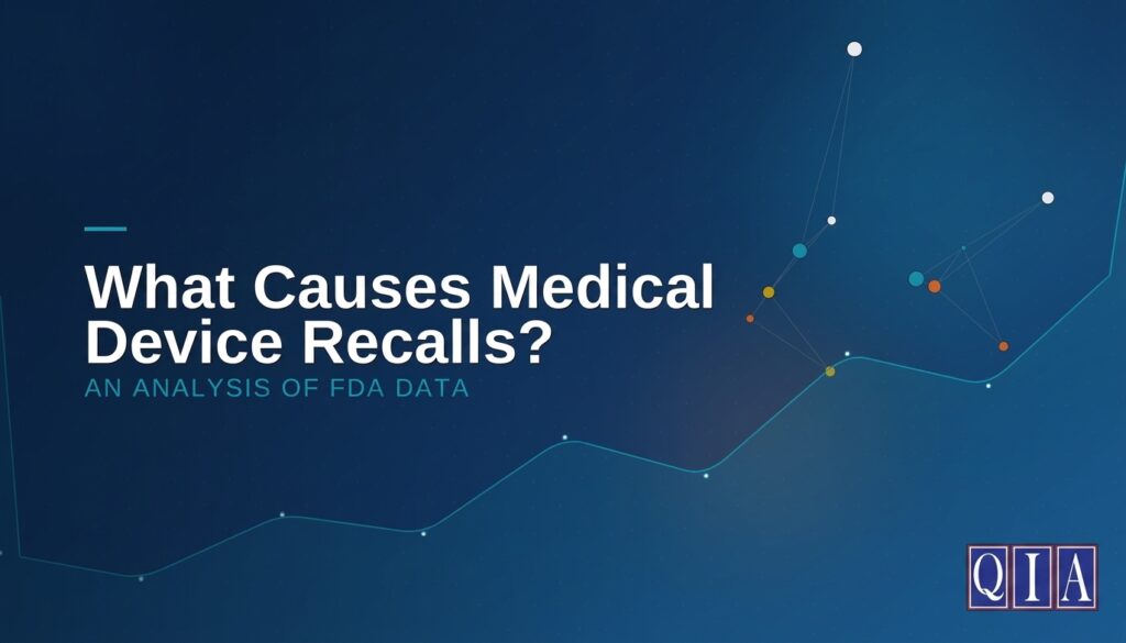 "What Causes Medical Device Recalls? AN ANALYSIS OF FDA DATA" displayed in white text on a dark blue background with abstract data nodes, connected line graphs, and the QIA logo in the bottom right corner.
