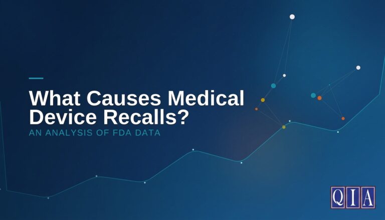 "What Causes Medical Device Recalls? AN ANALYSIS OF FDA DATA" displayed in white text on a dark blue background with abstract data nodes, connected line graphs, and the QIA logo in the bottom right corner.