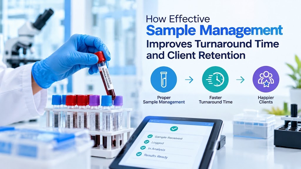 Infographic titled "How Effective Sample Management Improves Turnaround Time and Client Retention" featuring a lab technician holding a blood sample next to a tablet showing a tracking process.