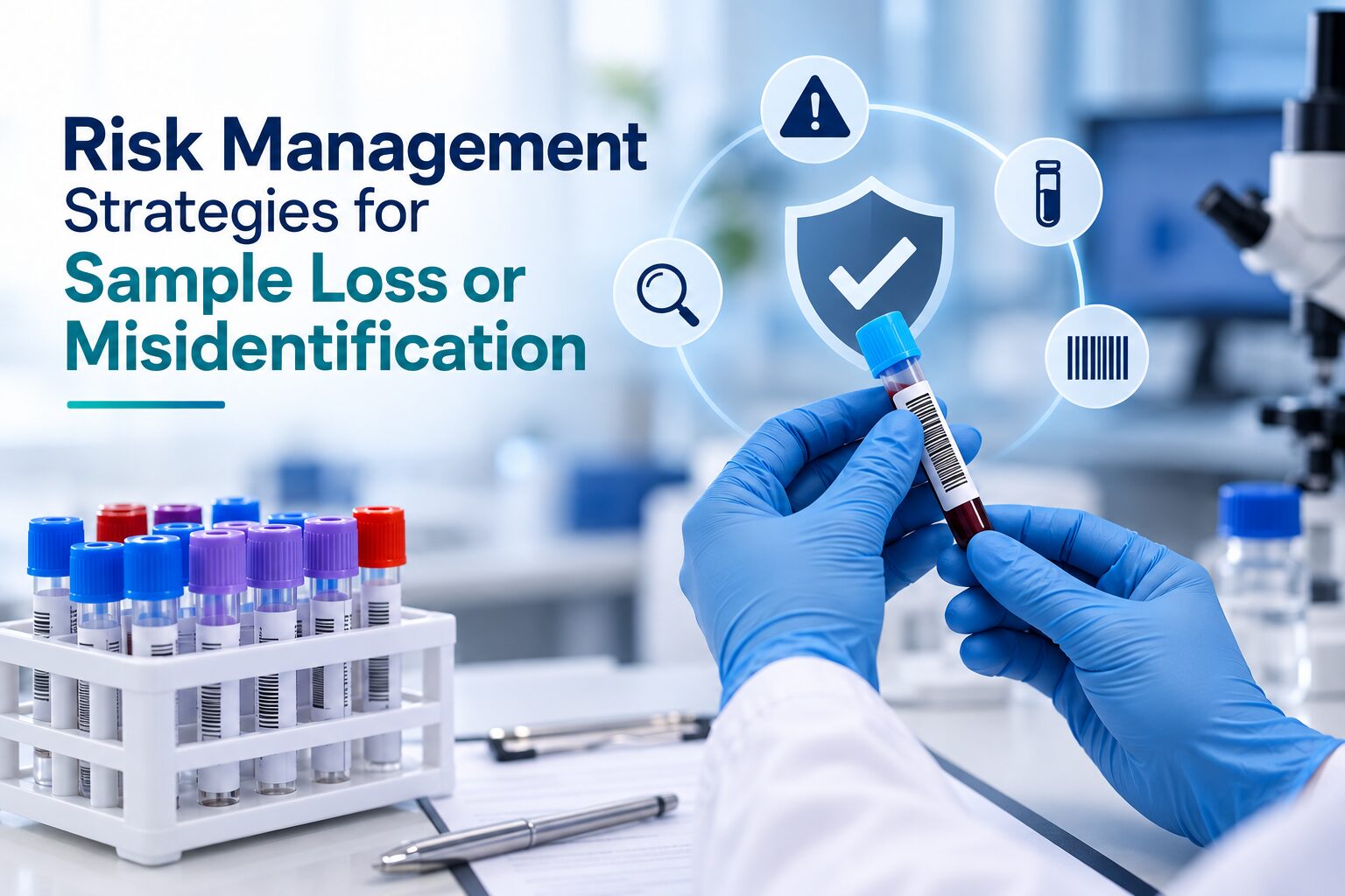 Graphic for sample loss risk management showing a technician holding a barcoded tube in a laboratory with data tracking icons.