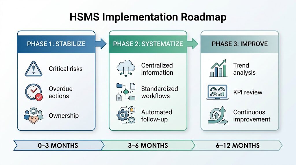An infographic titled "HSMS Implementation Roadmap" outlining a three-phase timeline across 0 to 12 months: Phase 1: Stabilize (0–3 Months), Phase 2: Systematize (3–6 Months), and Phase 3: Improve (6–12 Months).