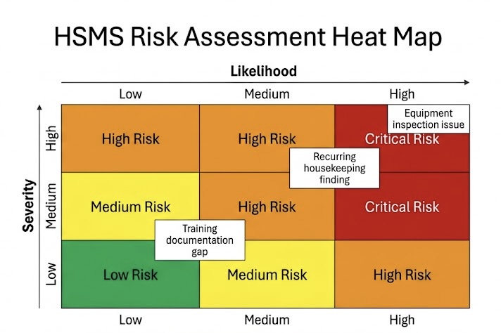 Health and Safety Management System (HSMS) Risk Assessment Heat Map matrix plotting Likelihood against Severity with color-coded risk levels and specific issue callouts.