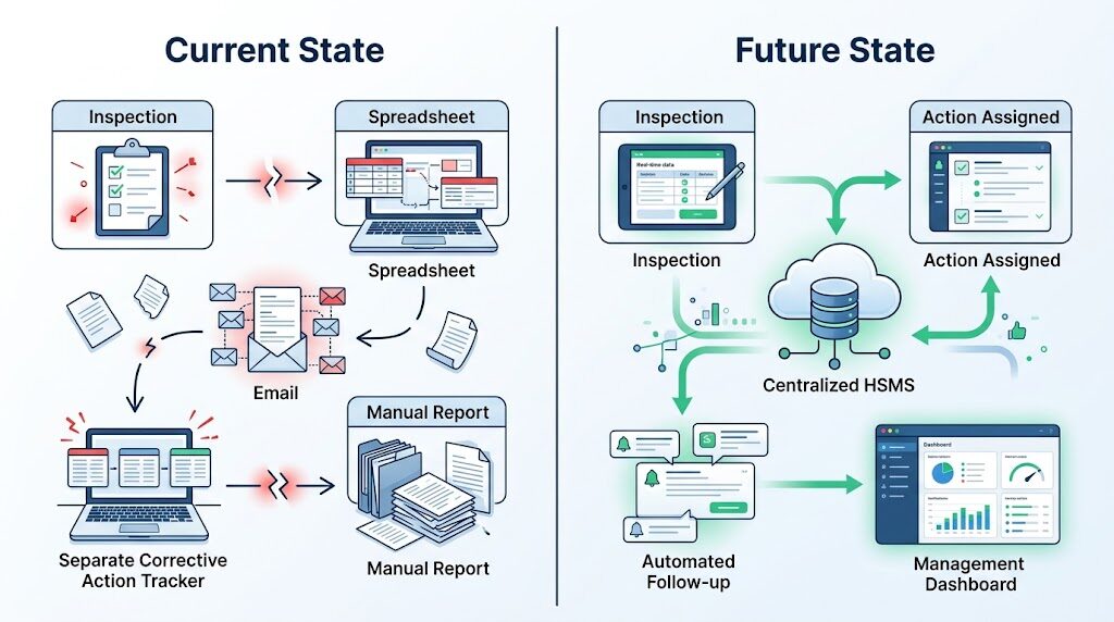 Diagram comparing a fragmented "Current State" workflow using paper, spreadsheets, emails, and manual reports against an integrated "Future State" driven by a Centralized HSMS with automated follow-ups, assigned actions, and a management dashboard.