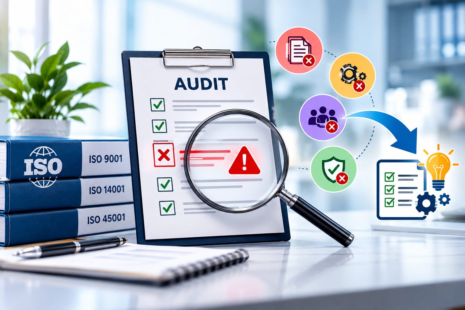 An audit clipboard displaying a highlighted nonconformity under a magnifying glass, next to ISO 9001, 14001, and 45001 manuals, with icons illustrating the transition from audit errors to corrective solutions.