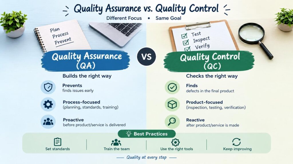 Infographic comparing Quality Assurance (QA) and Quality Control (QC), highlighting that QA focuses on process and prevention ('builds the right way') while QC focuses on product inspection and detection ('checks the right way').