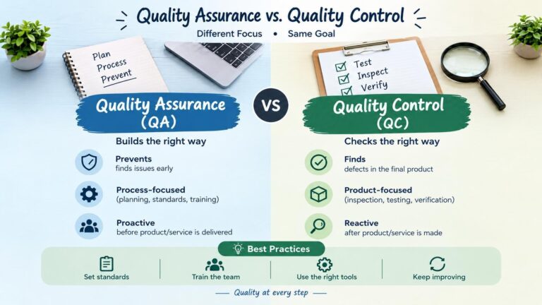 Infographic comparing Quality Assurance (QA) and Quality Control (QC), highlighting that QA focuses on process and prevention ('builds the right way') while QC focuses on product inspection and detection ('checks the right way').