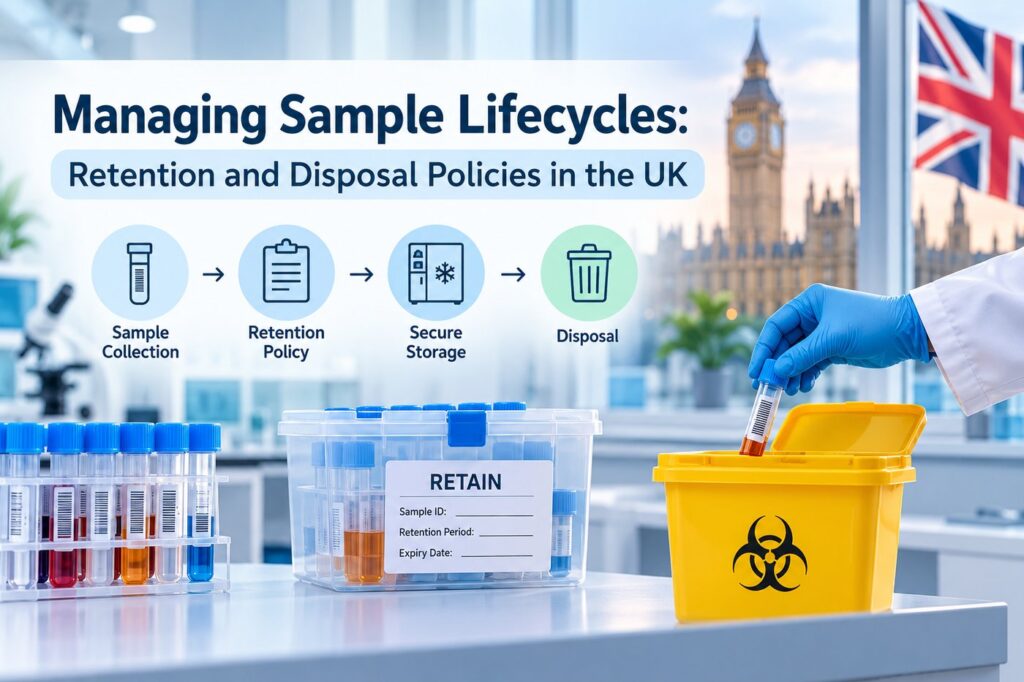 Infographic titled "Managing Sample Lifecycles: Retention and Disposal Policies in the UK" set in a laboratory with a view of London's Big Ben. It outlines a four-step lifecycle: Sample Collection, Retention Policy, Secure Storage, and Disposal.