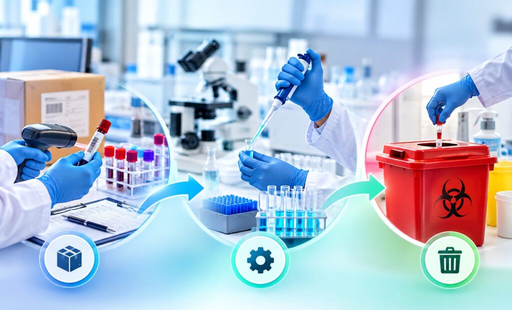 A three-step laboratory workflow graphic showing sample intake with a barcode scanner, processing using a pipette, and disposal into a biohazard bin.