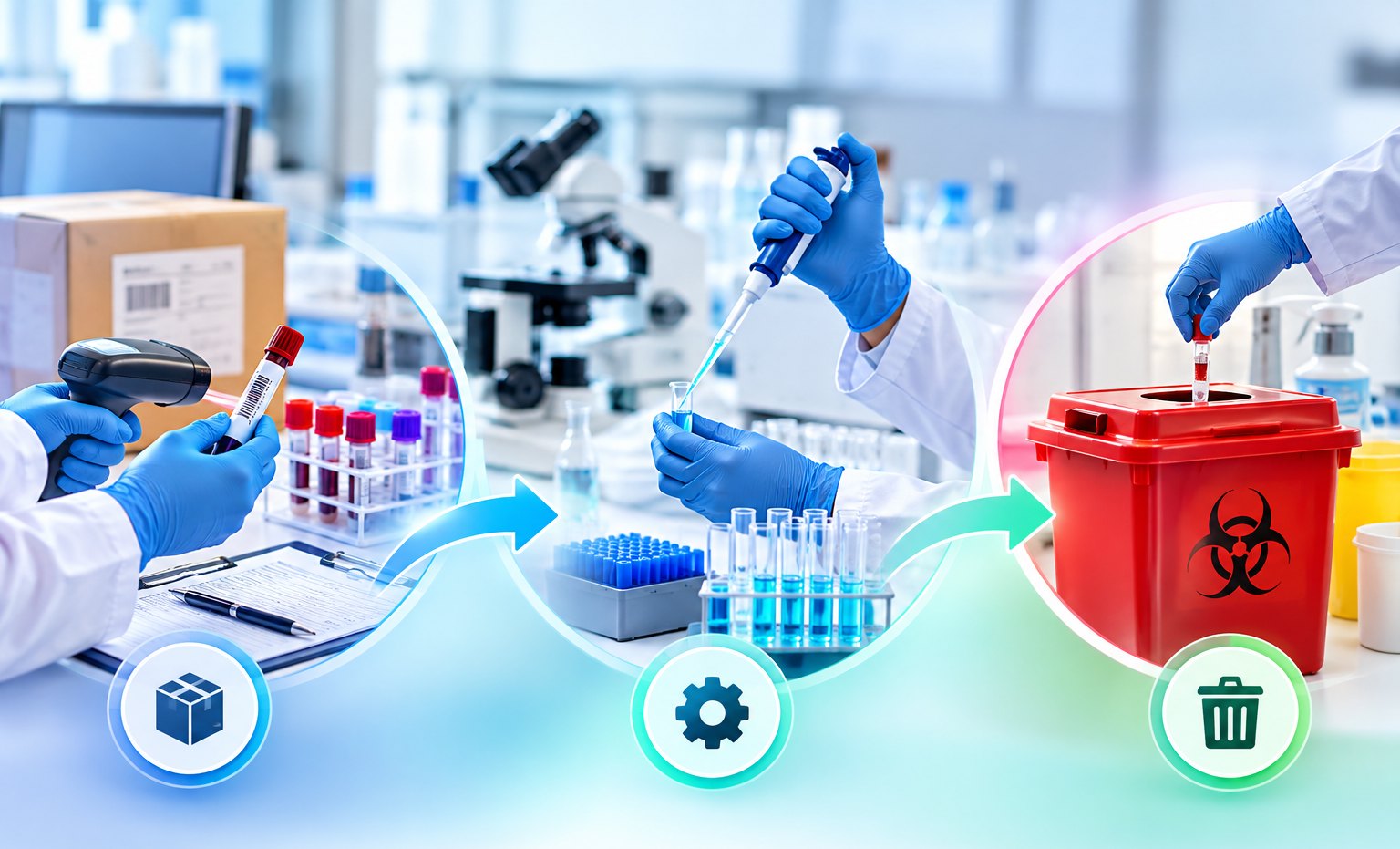 A three-step laboratory workflow graphic showing sample intake with a barcode scanner, processing using a pipette, and disposal into a biohazard bin.